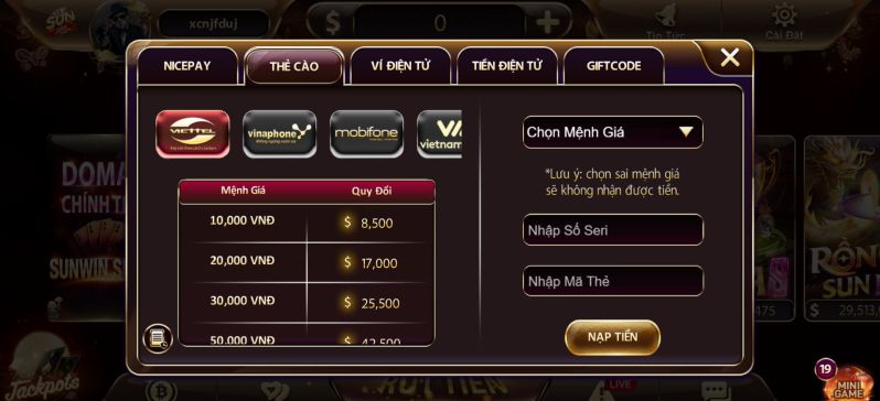 Điều kiện nạp tiền tại Sunwin